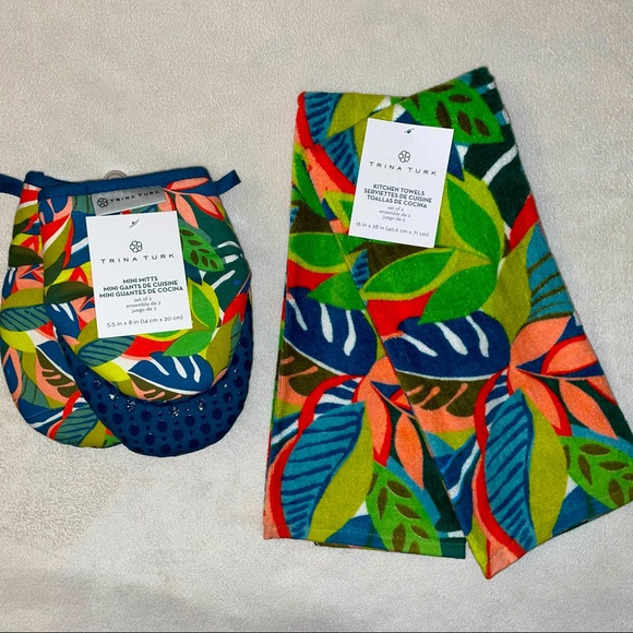 🎉HP🎉New! Trina Turk 4pc Topical/Palm Leaf Print Hand Towel+ Oven Mitt Set🏝🌺 - Picture 2 of 14